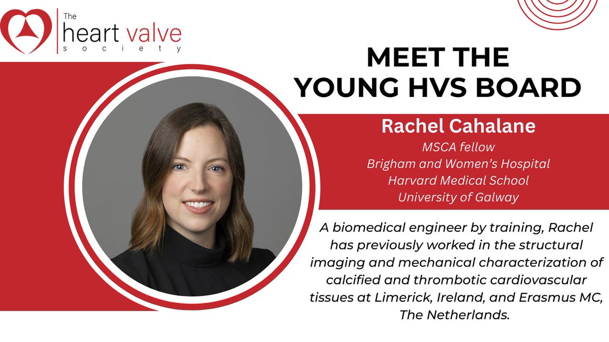 Meet the Young HVS Board! 

Rachel Cahalane is an Irish Marie Skłodowska-Curie Actions postdoctoral research fellow working in Boston and Ireland. @rachelcahalane

Read Rachel's full bio here: heartvalvesociety.org/Young/

#HVS #HeartValveSociety #YoungHVSBoard #HeartValve