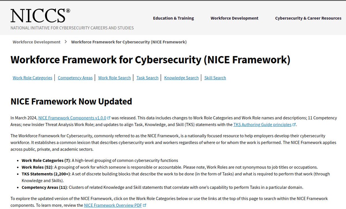 CISA, Agencia de ciberseguridad de Estados Unidos, tiene un subdominio dedicado a educación en ciberseguridad. 

52 roles para ciberseguridad, oferta de carreras, empleos y formación. 
2200 tareas :)
niccs.cisa.gov/workforce-deve…