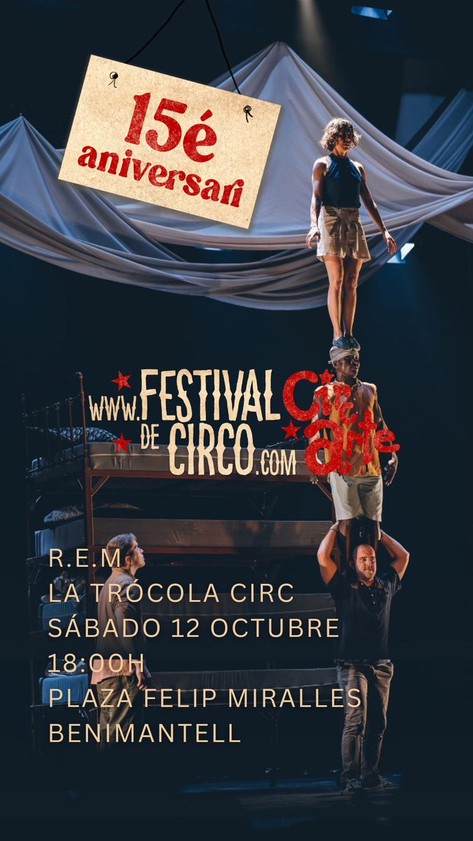 La Trocola Circ son de la familia y en este aniversario estarán muy presentes en el festi.

Sábado 12 de octubre presentan su último espectáculo, R.E.M, dentro de una jornada rural que tenemos preparada en la Vall de Guadalest .

Programación: festivaldecirco.com