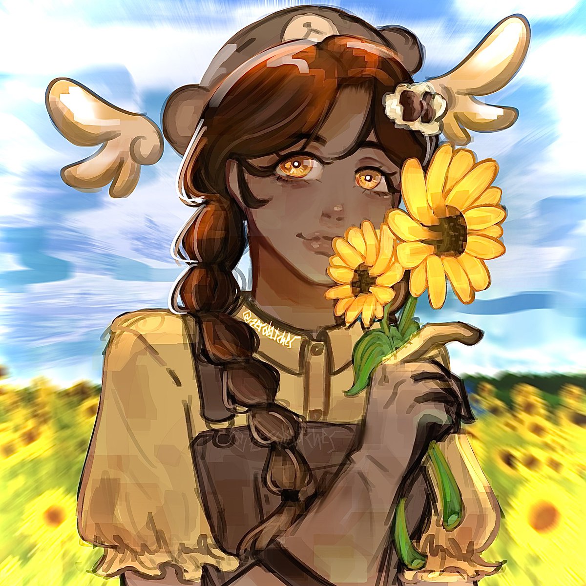 snoangelaa's tweet photo. @klonnetto WAAAAA SUNNIE IS SO CUTE IM SO UPSET I FORGOT THE LITTLE SUNFLOWERS IN HER BRAIDSSSSSS 😩 anyways i hope you like it! 🤗 #originacharacter https://t.co/Ue3ORuvgzL
