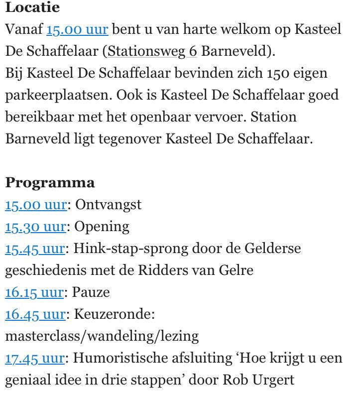 Vandaag was de #Geldersebestuurdersdag van <a href="/vnggelderland/">VNG Gelderland</a> <a href="/ProvincieGL/">Gelderland</a> en de <a href="/GelderlandAcad/">Gelderland Academie</a> waar ik dagvoorzitter van mocht zijn. Met o.a. de @riddersvangelre en cabaretier Rob Urgert. Mooie locatie bij kasteel de Schaffelaar #Barneveld ‘Ga voor Gelre’