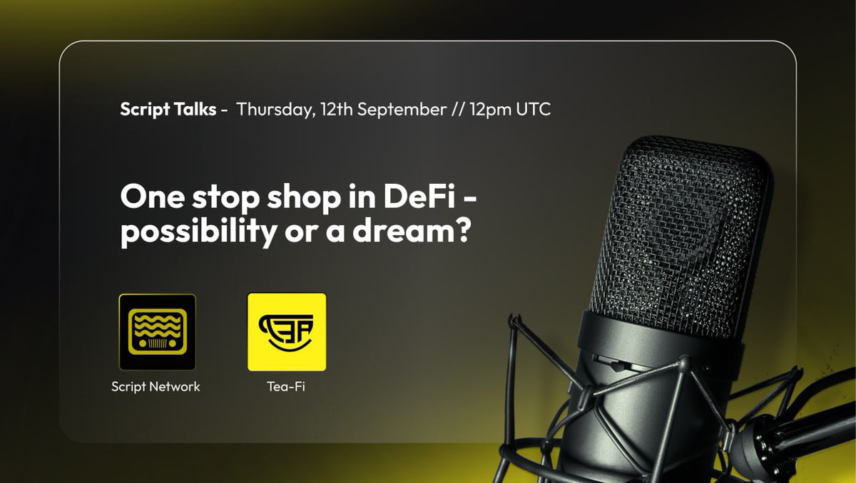 script_network's tweet image. For the 15th edition of the Script Talks, we have the honor to invite team from @teafi_official ⚡️

Join us on Thursday at 2 PM CET, we will cover all DeFi related topics, don’t miss this episode if you are a DeFi fan! 👇



📅 12th August
⏰ 2 PM CET