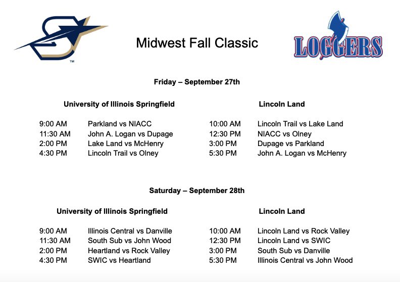 The 7th annual Midwest Fall Classic, hosted by <a href="/Baseball_UIS/">UIS Baseball</a> and <a href="/loggerbaseball/">Lincoln Land Baseball</a>, will take place on September 27th and 28th in Springfield, IL. 

Check out the schedule for this year’s event!
