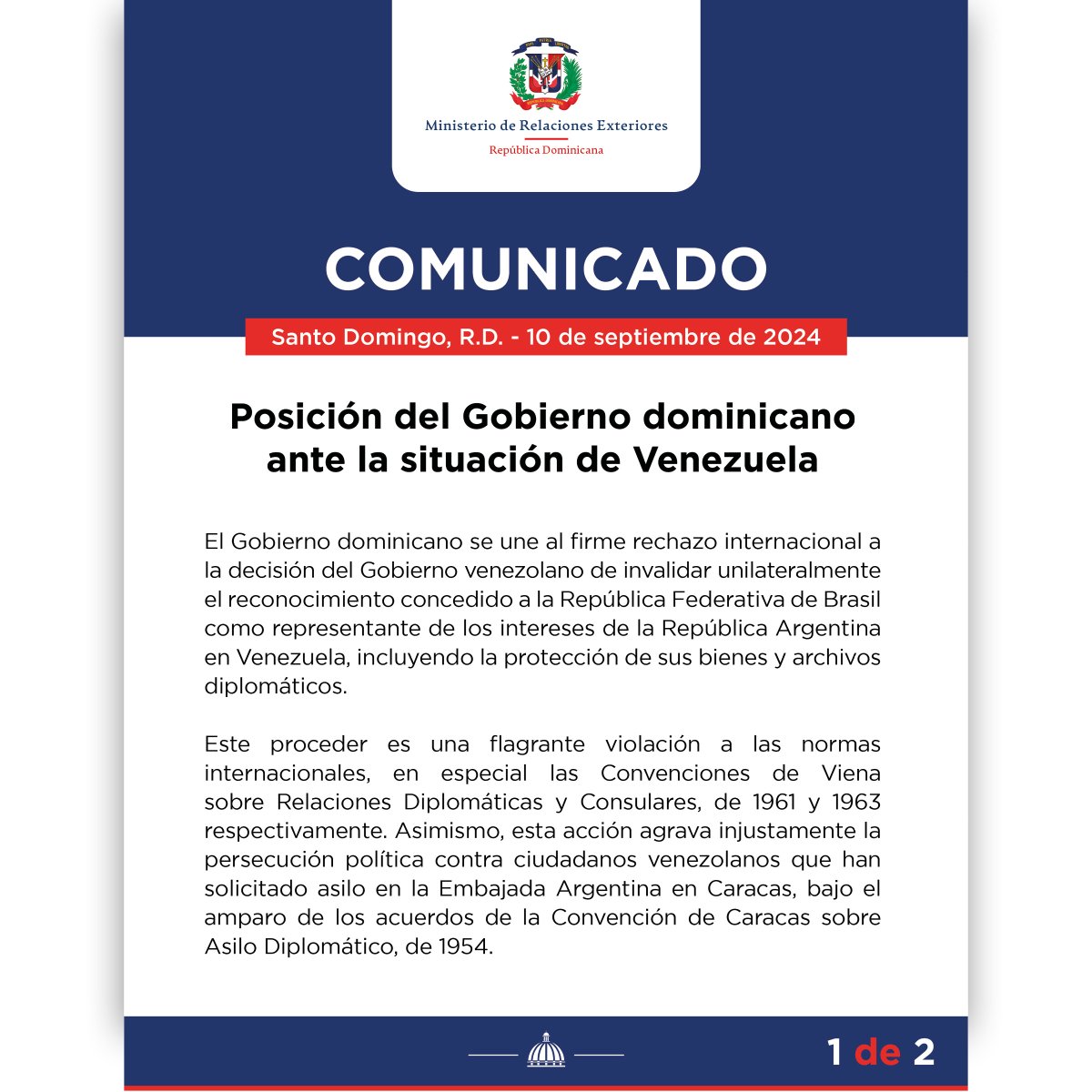 MIREXRD's tweet photo. 📃Posición del Gobierno dominicano ante la situación de Venezuela.

Más información en el enlace: https://t.co/5NfCCyIBVz https://t.co/MfGOgrxsr4