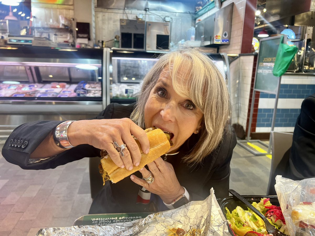 Michelle4NM's tweet image. First stop in Philly? Reading Terminal Market for a Spataro’s cheesesteak! #TeamKamala #HarrisWalz2024