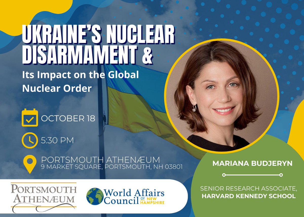 Tim Horgan (@wacnhivlp) on Twitter photo In partnership with the Portsmouth Athenaeum <a href="/WorldAffairsNH/">World Affairs NH</a> presents a special event on the legacy of #Ukraine giving up the bomb in 1994. We are honored to feature Mariana Budjeryn (<a href="/mbudjeryn/">Mariana Budjeryn</a>) of <a href="/ManagingtheAtom/">Managing the Atom</a> to benefit from her insights. More at wacnh.org/event-5855845 In partnership with the Portsmouth Athenaeum <a href="/WorldAffairsNH/">World Affairs NH</a> presents a special event on the legacy of #Ukraine giving up the bomb in 1994. We are honored to feature Mariana Budjeryn (<a href="/mbudjeryn/">Mariana Budjeryn</a>) of <a href="/ManagingtheAtom/">Managing the Atom</a> to benefit from her insights. More at wacnh.org/event-5855845
