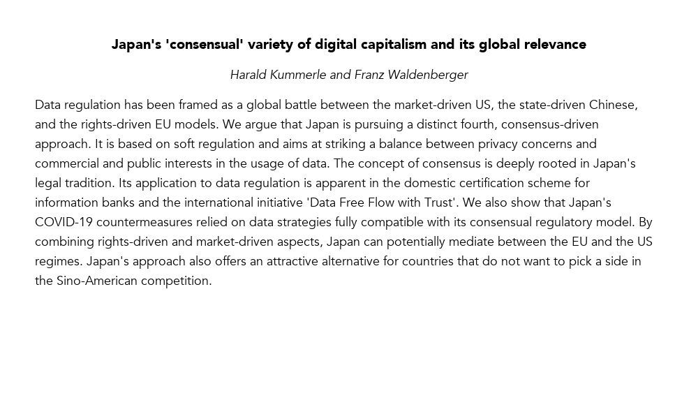 Japan Social Science Research (@japansocsci) on Twitter photo Japan's 'consensual' variety of digital capitalism and its global relevance
Harald Kummerle (<a href="/HaraldKuemmerle/">Harald Kümmerle</a>) and Franz Waldenberger (<a href="/franzDIJTokyo/">Franz Waldenberger</a>)
buff.ly/3MtEAsI Japan's 'consensual' variety of digital capitalism and its global relevance
Harald Kummerle (<a href="/HaraldKuemmerle/">Harald Kümmerle</a>) and Franz Waldenberger (<a href="/franzDIJTokyo/">Franz Waldenberger</a>)
buff.ly/3MtEAsI