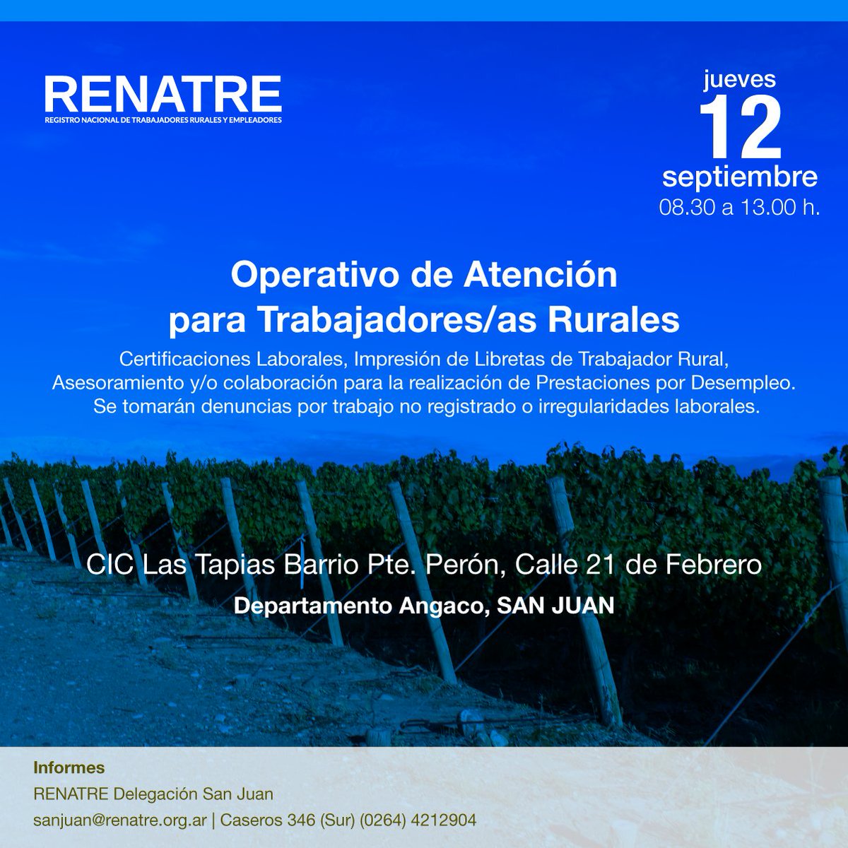 renatreinforma's tweet image. Te esperamos en el Operativo de Atención en el departamento de #Angaco en la provincia de #SanJuan 📆 jueves 12 de septiembre de 8.30 a 13.00 h en el Centro Integrador Comunitario CIC Las Tapias
Para más información podés 📞 0264-4212904 o 📧 sanjuan@renatre.org.ar