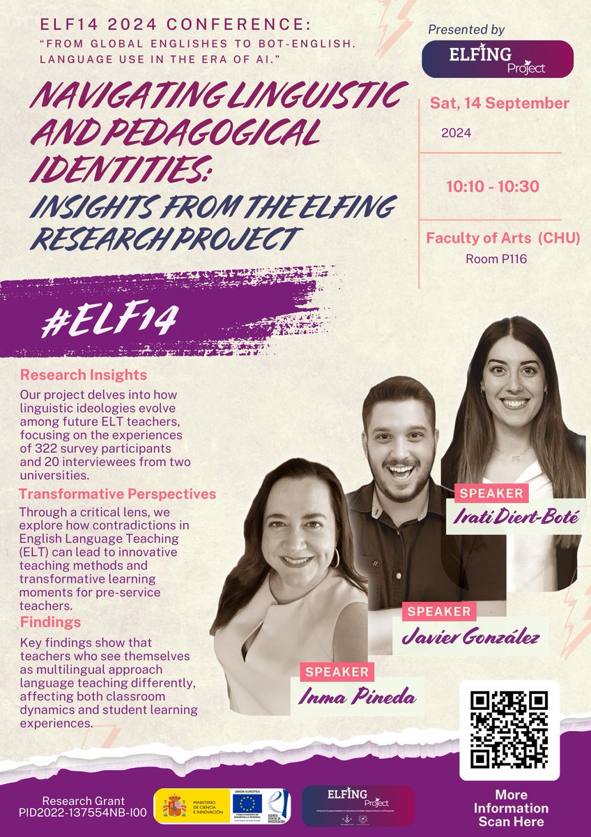 Elfing_Project's tweet photo. Our final contribution to the @ELF14conference is led by @InmaPineda2, @Jgonrui2, & @irati_db, who will explore English Studies teachers' linguistic #identities & transformative career experiences and their impact on their #pedagogies🎓🧑🏫#ELF14
🔴Join them on Sat. 14🗓️at 10:10🕓 https://t.co/0ejfwF3b2X