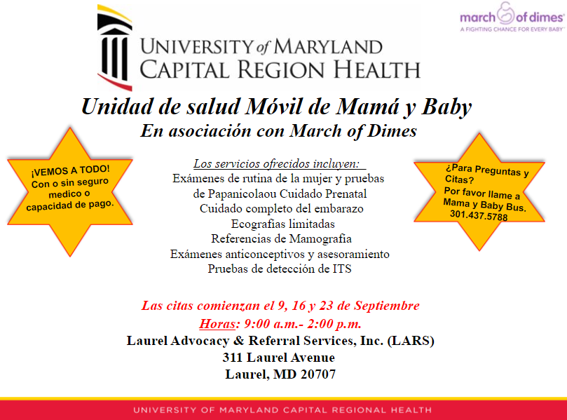 LARS is excited to announce that the Mama Baby Bus is coming to LARS Monday's all this month. If you or someone you know is in need of any of the services listed below please call 301-437-5788 to schedule an appointment. No insurance needed!

#Nonprofit #Partnerships #FoodPantry