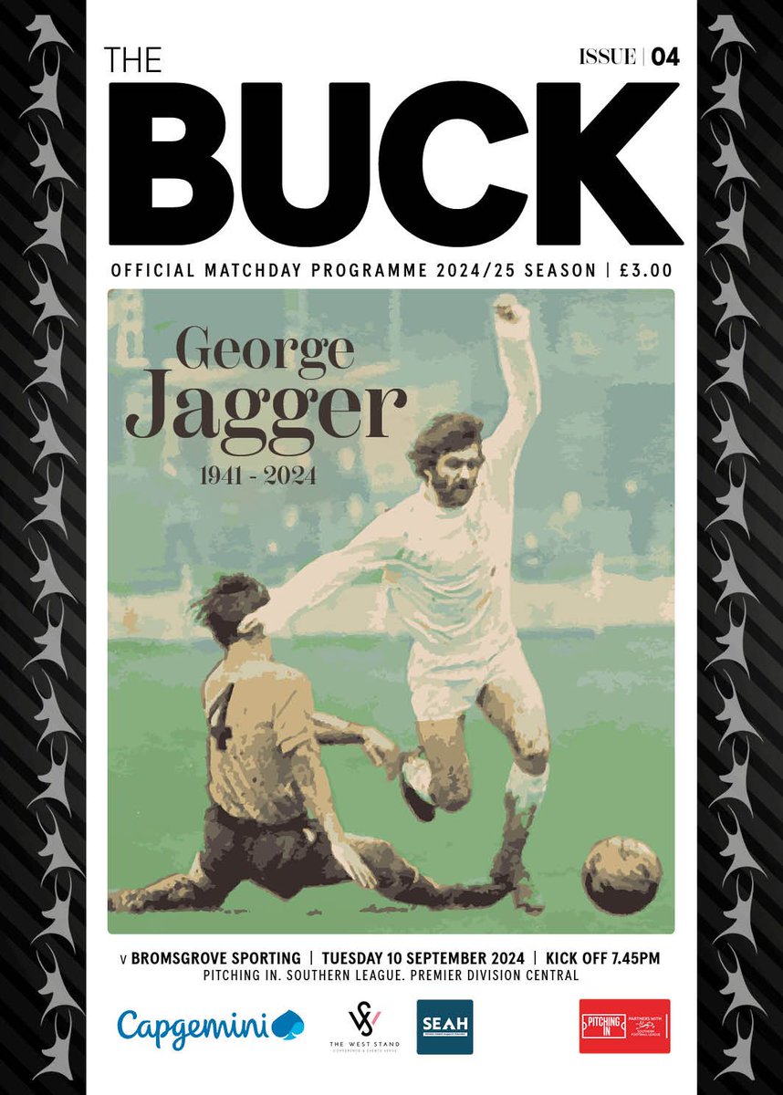 GEORGE JAGGER:
We will be paying our tribute to former Wellington Town and Telford United legend George Jagger with a minute's applause before kick off this evening. An image of George in full flow adorns our programme cover.