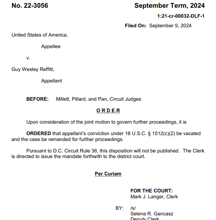 julie_kelly2's tweet photo. WOW: Yesterday the DC appellate court vacated the 1512(c)(2) convictions of 11 J6 defendants including Guy Reffitt, the first J6ers convicted at trial.

What a total humiliation of the DOJ and 17 DC judges (including Pan) who allowed this wrongful prosecution to happen in the 1st place.