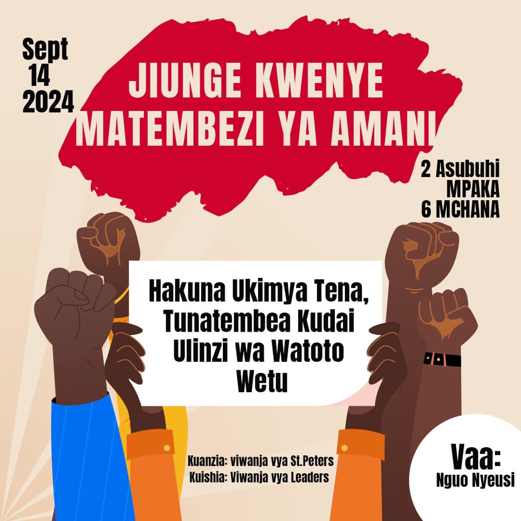 missingchildtz's tweet photo. Jiunge kwenye Matembezi ya Amani tarehe 14 Septemba 2024, kuanzia saa 2 asubuhi hadi saa 6 mchana! Tunatembea kudai ulinzi kwa watoto wetu. 

Mwanzo: Viwanja vya St. Peters, Mwisho: Viwanja vya Leaders. 

Vaa nguo nyeusi na tuwe pamoja kwa ajili ya mustakabali wa watoto wetu! https://t.co/DSlCvR8Byt