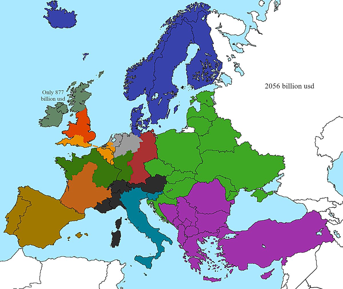 Dividing Europe into Regions with the Same GDP as Russia ($2,056 Billion USD)