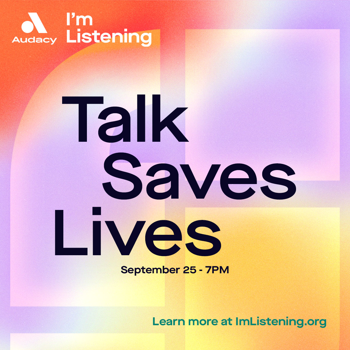 Audacy's tweet photo. Audacy’s annual #ImListeningLIVE broadcast returns in partnership with @afspnational, hosted by Carson Daly and @heykatieneal 💜 

Tune in on all Audacy stations Wed, 9/25 at 7 PM local to hear from artists, athletes, medical experts and more as they highlight the importance of Mental Health ➡️ https://t.co/lskVWpPS9h