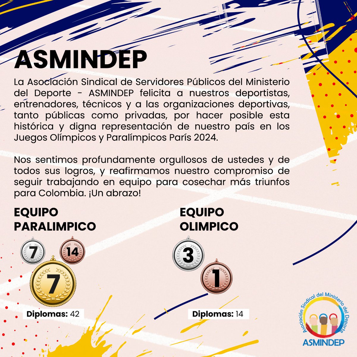 Asmindep's tweet photo. Desde la Asociación Sindical de Servidores Públicos del Ministerio del Deporte (ASMINDEP) felicitamos a todos nuestros deportistas, entrenadores, técnicos y a las organizaciones deportivas. https://t.co/FtWQaAKJuT
