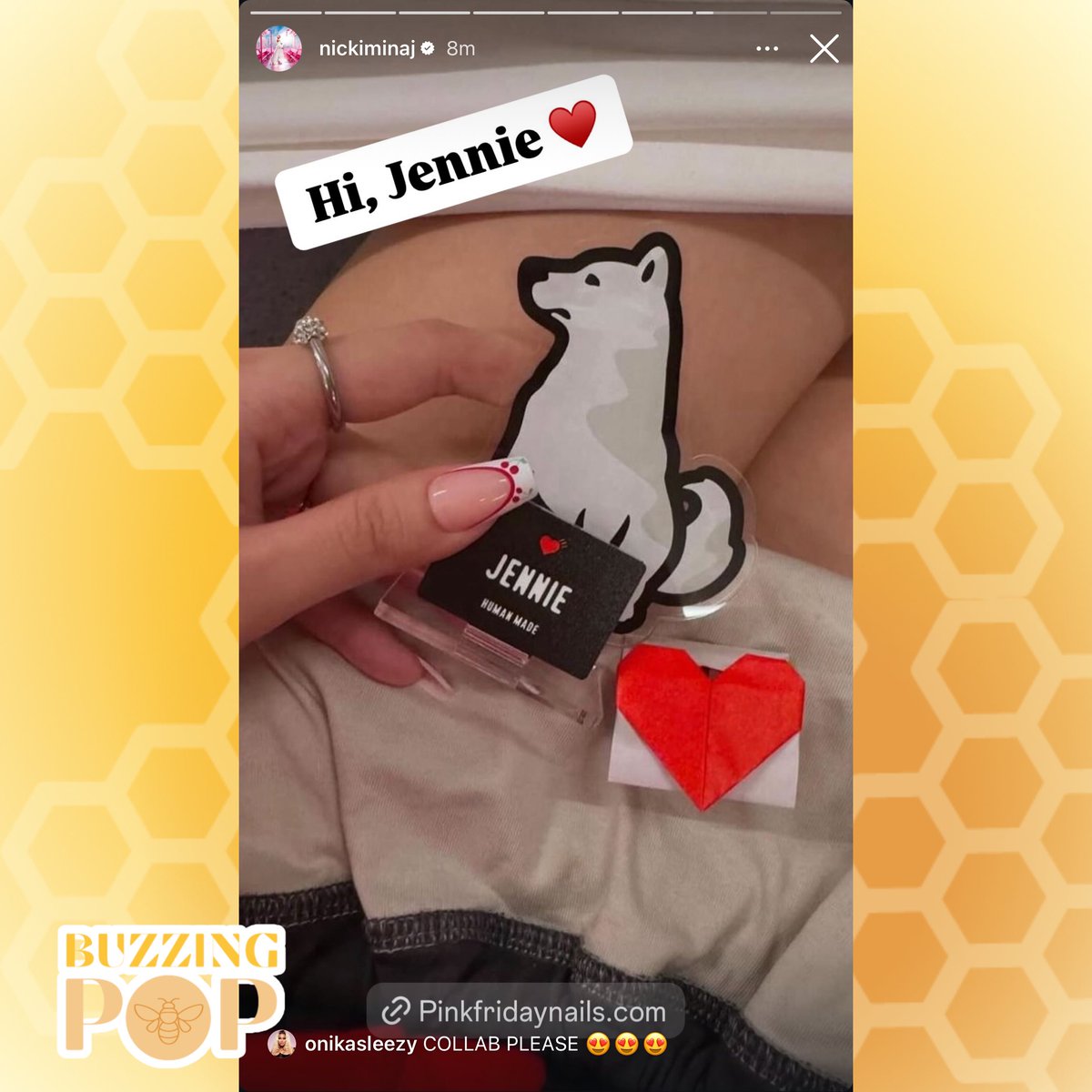 BuzzingPop's tweet image. Nicki Minaj gives a shout out to #Jennie for wearing her ‘Pink Friday’ press-on nails.