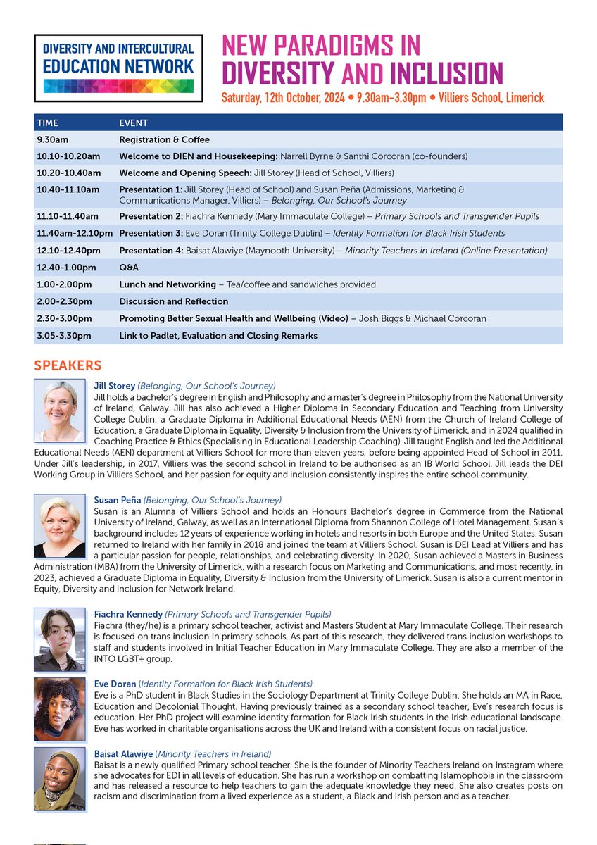 Diversity and Intercultural Education Network, 
🗓️Saturday, 12th October 2024, 
🗺️Villiers School, Limerick 
⏲️9.30am - 3.30pm
<a href="/CentreTeachers/">Waterford Education Support Centre</a>
<a href="/ClareEdCentre/">Clare Education Centre</a> <a href="/EdCentreDonegal/">Donegal Education Support Centre</a> <a href="/athloneec/">Athlone Ed. Centre</a> <a href="/EdCentreMayo/">Mayo Education Support Centre</a> <a href="/ClareEdCentre/">Clare Education Centre</a> <a href="/WexfordEdCentre/">Wexford Education Support Centre</a> <a href="/TraleeESC/">Tralee Education Support Centre</a>