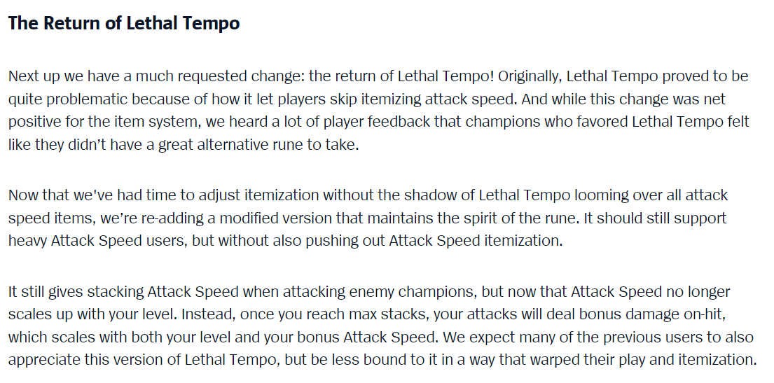 Spideraxe30's tweet image. Lethal Tempo is coming back in 14.19 for Split 3. Attack speed is now flat instead of scaling with level and now deals on-hit damage at max stacks.