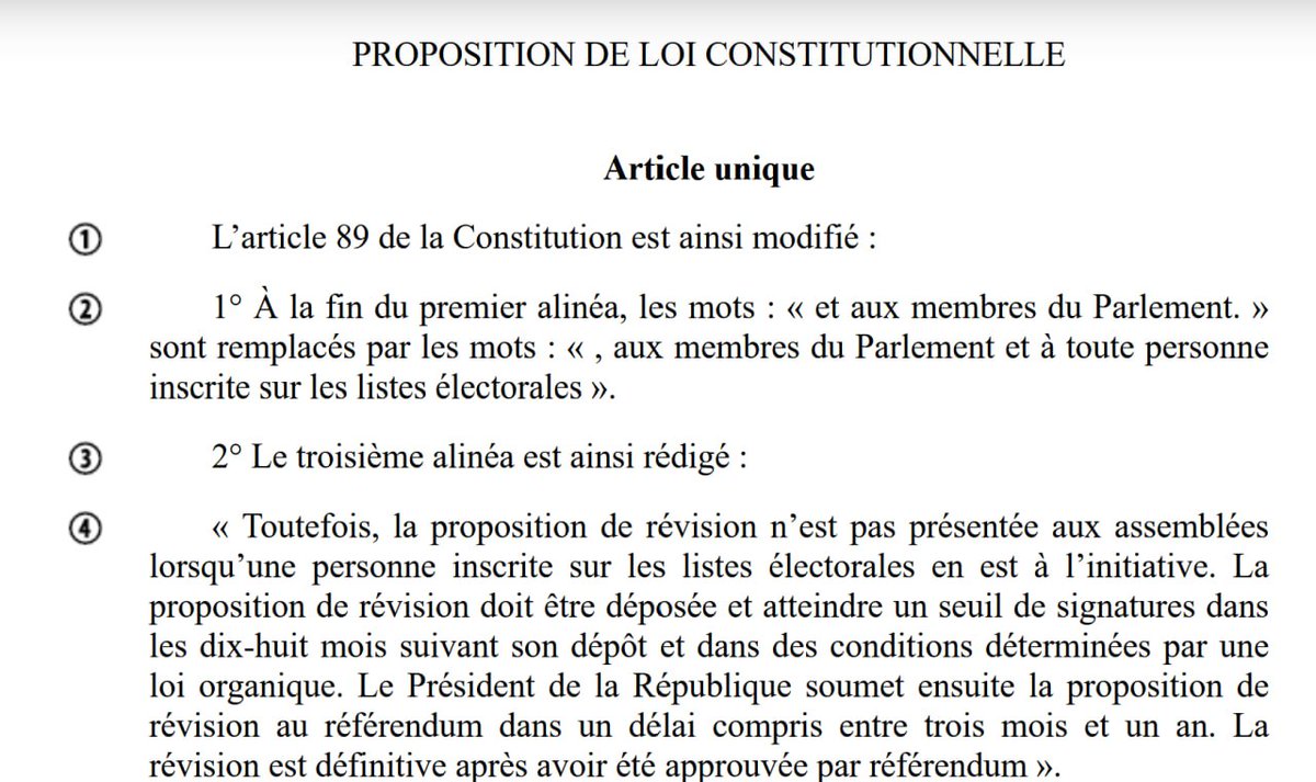 Voici l'article unique de la proposition de loi constitutionnelle pour un RIC  Référendum d'Initiative Citoyenne.
Cette modification du seul article 89 de notre constitution permet au peuple souverain de soumettre au suffrage universel des Référendums à portée constitutionnelle :
