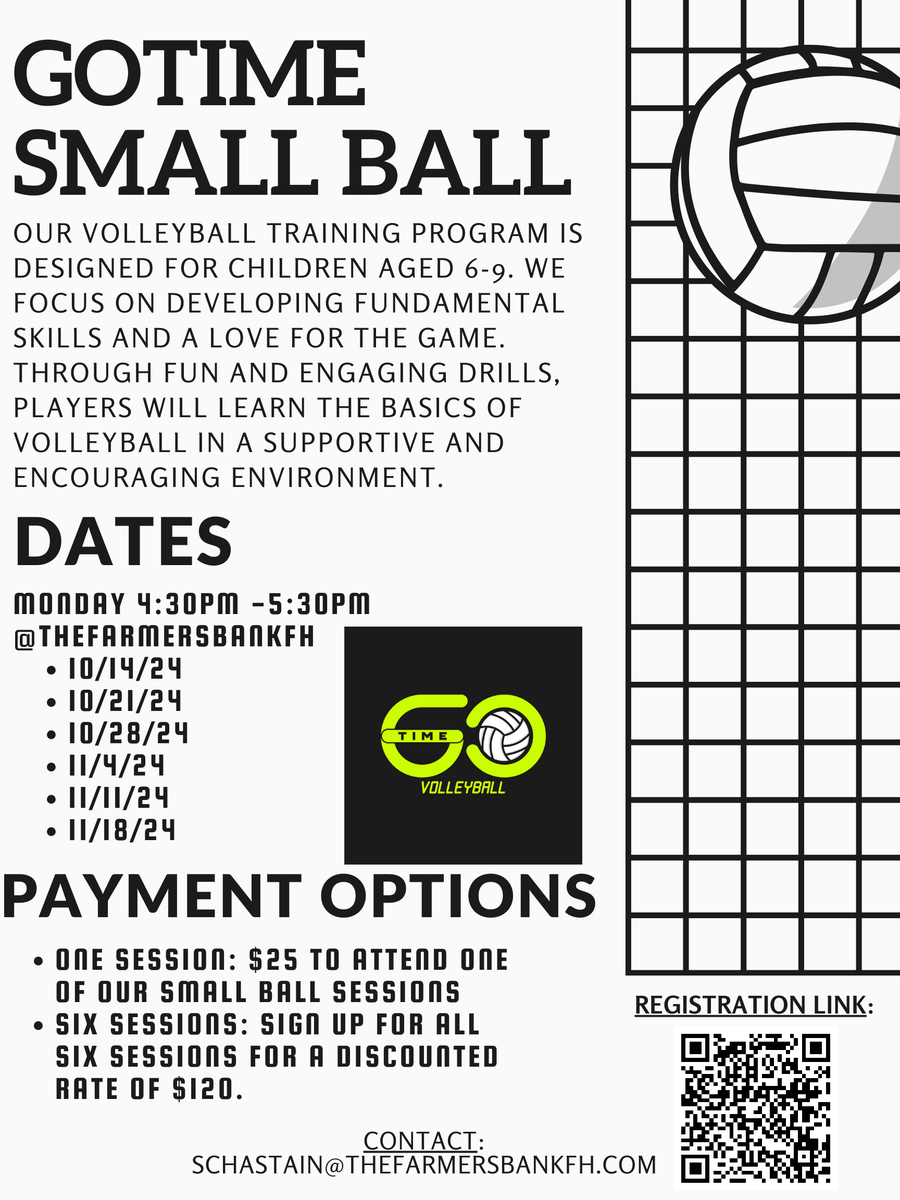 GoTime Volleyball (@gotimevb) on Twitter photo We have a new 6 week round of GoTime Small Ball coming up! This is a great place for young athletes to develop fundamental skills and a love for the game! We will have a one-hour training once a week for 6 weeks.
Location: <a href="/TheFarmersBFH/">The Farmers Bank Fieldhouse</a> We have a new 6 week round of GoTime Small Ball coming up! This is a great place for young athletes to develop fundamental skills and a love for the game! We will have a one-hour training once a week for 6 weeks.
Location: <a href="/TheFarmersBFH/">The Farmers Bank Fieldhouse</a>
