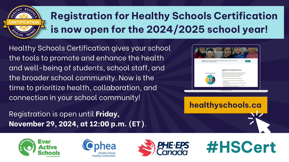 NOW is the time! Registration for Healthy Schools Certification is now open for the 2024/2025 school year! All schools, including those that have been certified in the past, must register each year. Learn more about #HSCert &amp; register your school today at healthyschools.ca!