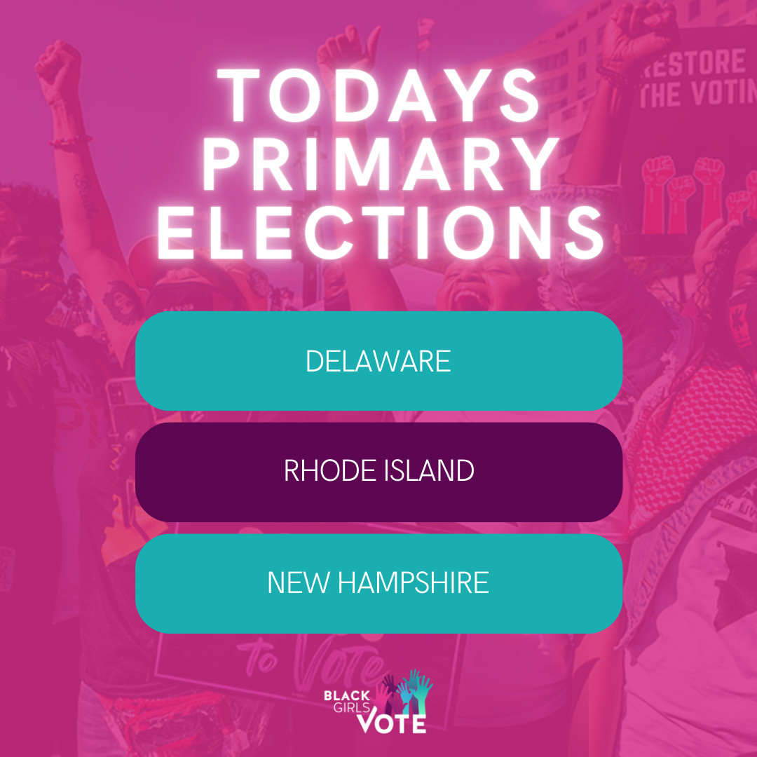 blackgirlsvote's tweet photo. Today is Primary Day for Delaware, Rhode Island, and New Hampshire! 💜 

Let’s make our voices heard at the polls, #BGVCommunity! Every vote counts—get out and vote! 🗳️ 

#BlackGirlsVote #Vote2024 #OurTimeIsNow https://t.co/zQEVrkuyRp