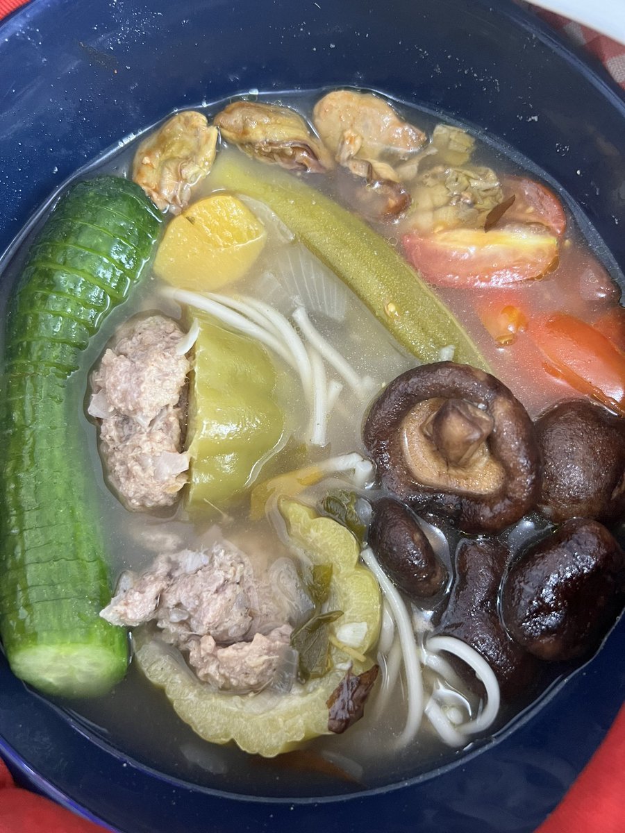 DoctorForte's tweet image. BREAKING FAST with

Bitter Melon Soup stuffed with Pork Meatballs,  garnished with shiitake mushrooms, okra, tomato, and cucumber, served with udon noodles.