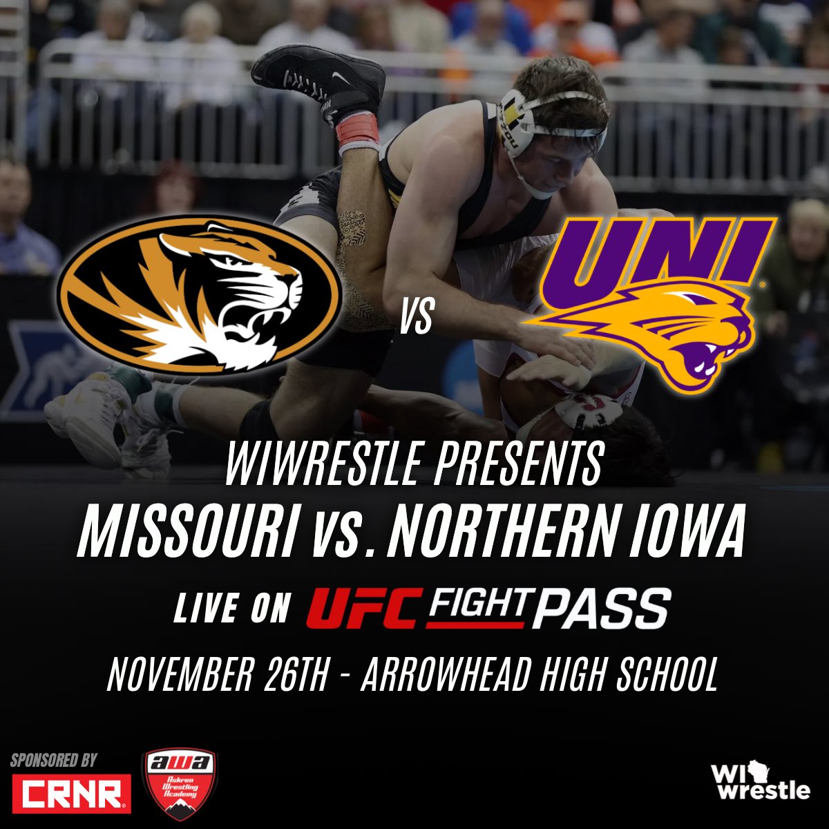 WIwrestle presents Missouri vs Northern Iowa live from Arrowhead High School on November 26th! 

This dual will be broadcasted live on UFC Fight Pass! 

More info on the dual and tickets available on Rokfin ⬇️

rokfin.com/article/18060