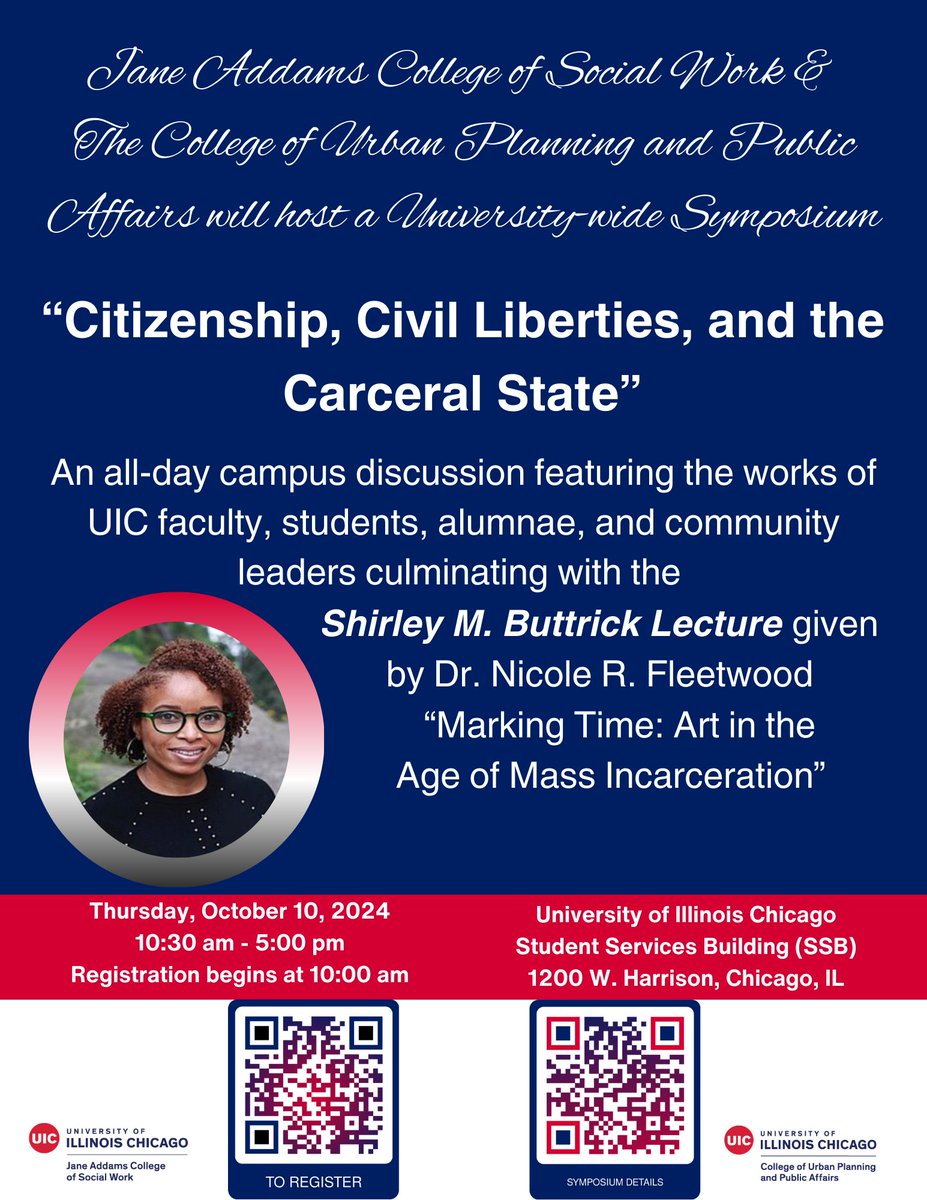 Jane Addams College of Social Work (@janeaddamscoll) on Twitter photo MacArthur Fellow and NYU Prof. Nicole Fleetwood will present “Marking Time: Art in the Age of Mass Incarceration”, at the Shirley M. Buttrick Lecture on Oct. 10 co-sponsored by UIC’s <a href="/JaneAddamsColl/">Jane Addams College of Social Work</a> and <a href="/UICCUPPA/">UIC CUPPA</a>. A university-wide symposium will start the day at 10 a.m. MacArthur Fellow and NYU Prof. Nicole Fleetwood will present “Marking Time: Art in the Age of Mass Incarceration”, at the Shirley M. Buttrick Lecture on Oct. 10 co-sponsored by UIC’s <a href="/JaneAddamsColl/">Jane Addams College of Social Work</a> and <a href="/UICCUPPA/">UIC CUPPA</a>. A university-wide symposium will start the day at 10 a.m.
