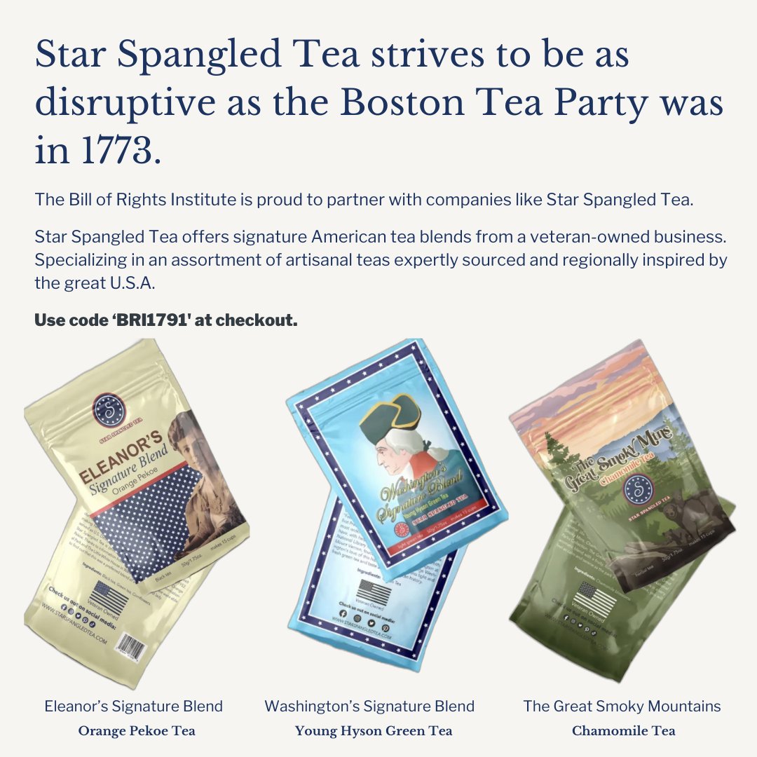 BRInstitute's tweet image. Calling all patriotic tea drinkers! 

The Bill of Rights Institute is proud to partner with companies like Star Spangled Tea (@AmericasTeaTime).  

Star Spangled Tea offers signature American tea blends from a veteran-owned business. Specializing in an assortment of artisanal…