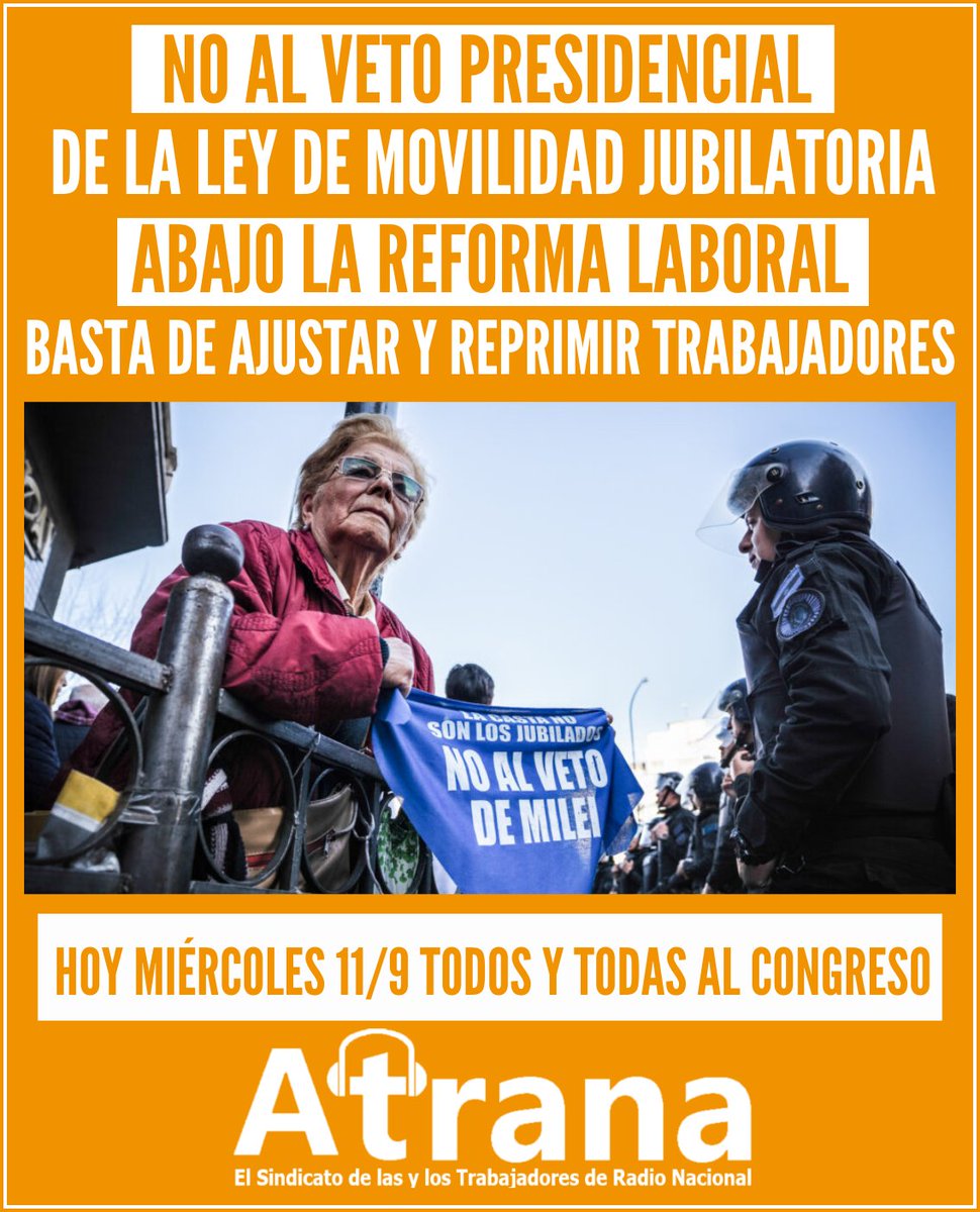NO AL VETO PRESIDENCIAL DE LA LEY DE MOVILIDAD JUBILATORIA Basta de ajustar y reprimir trabajadores!
#NoAlVeto #NoAlVetoDeMilei #ConLosJubiladosNO #Jubilados #Jubiladas #MovilidadJubilatoria #RadioNacional #Inflación #abajolareformalaboraldemilei #abajolareformalaboral