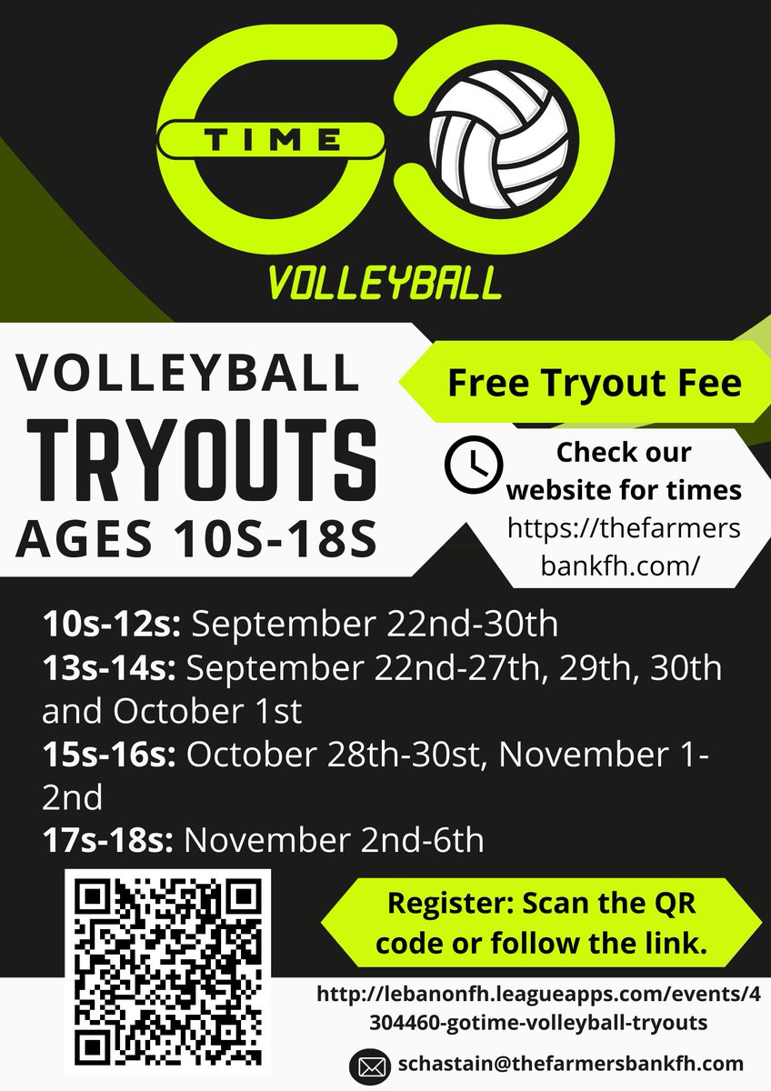 GoTime Volleyball (@gotimevb) on Twitter photo Still looking for a club to call your home? Register for GoTime volleyball tryouts! Double check your calendars we had a few date changes. Follow the link to find times on our website. 2024-25 Club Tryouts - The Farmers Bank Fieldhouse (thefarmersbankfh.com) <a href="/TheFarmersBFH/">The Farmers Bank Fieldhouse</a> Still looking for a club to call your home? Register for GoTime volleyball tryouts! Double check your calendars we had a few date changes. Follow the link to find times on our website. 2024-25 Club Tryouts - The Farmers Bank Fieldhouse (thefarmersbankfh.com) <a href="/TheFarmersBFH/">The Farmers Bank Fieldhouse</a>