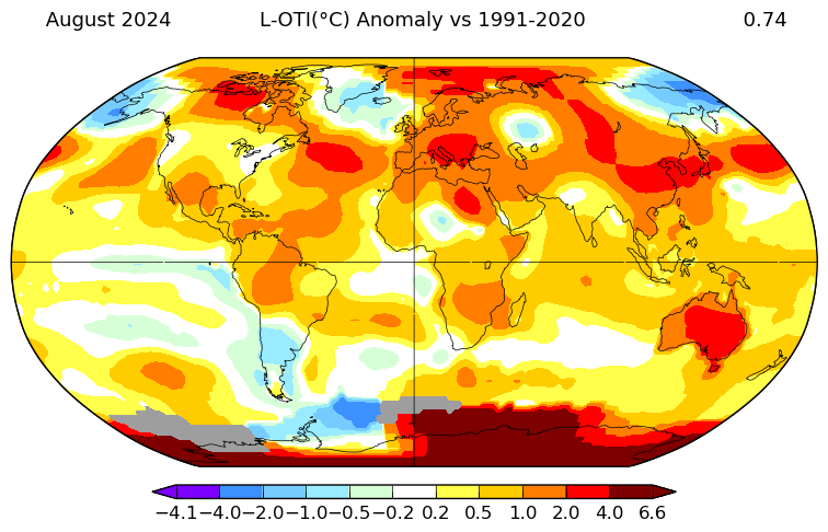 extremetemps's tweet photo. August 2024 Globally, according to NASA, had a temperature anomaly of +0.74C vs 1991/2020 baseline or +1.30C vs 1951/1980 and was the HOTTEST AUGUST on record,+0.11C above August 2023.
2024 is now almost certain to end as the hottest year in modern climatic history. https://t.co/XL8sblddHM