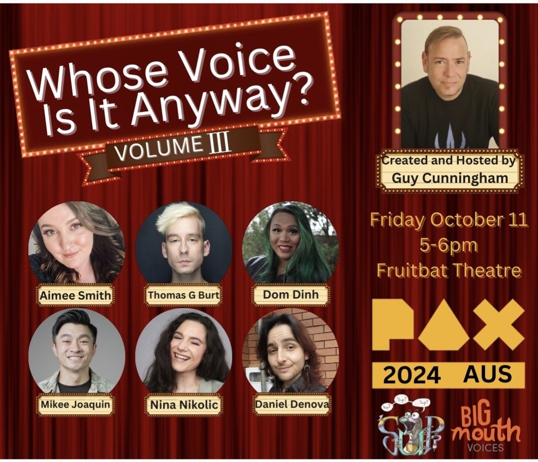 This <a href="/PAXAus/">PAX Australia</a> we'll be bringing you some of the best gaming voices in Australia and throwing them together in an improv battle of accents, impersonations and more.. <a href="/AimeeSmithVA/">Aimee Smith</a> <a href="/MykeyJoaquin/">Mikee Joaquin 🤪</a> <a href="/dom_dinh/">Dom Dinh</a> <a href="/DouglasBicker/">Douglas Bicker</a> <a href="/thomasgburt/">Thomas G Burt 🎙️#MiGW 2024</a> <a href="/kidkerrigan/">Nina Nikolic 💫 Kerri</a> <a href="/Tartan_Kiwi/">Daniel Denova VA</a> <a href="/BigmouthVoices/">Bigmouth Voices</a> #gaming
