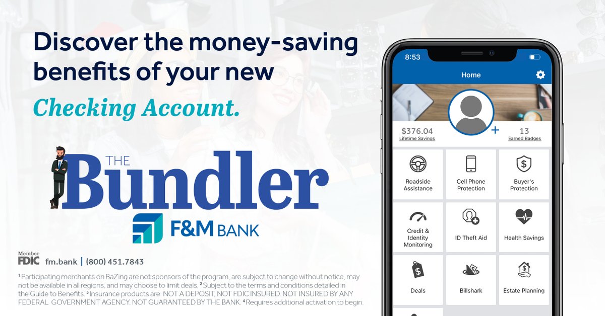 Let's hear it for.....THE BUNDLER! 👏🏻👏🏻
The Bundler by F&amp;M is a checking account with a mobile app; experience discounts at your fingertips. 
✔️Online Banking
✔️Mobile Banking
✔️Bill Pay
✔️eStatements
✔️Debit Card
More info here: trst.in/ZxyMep
#fmbank #TheBundler