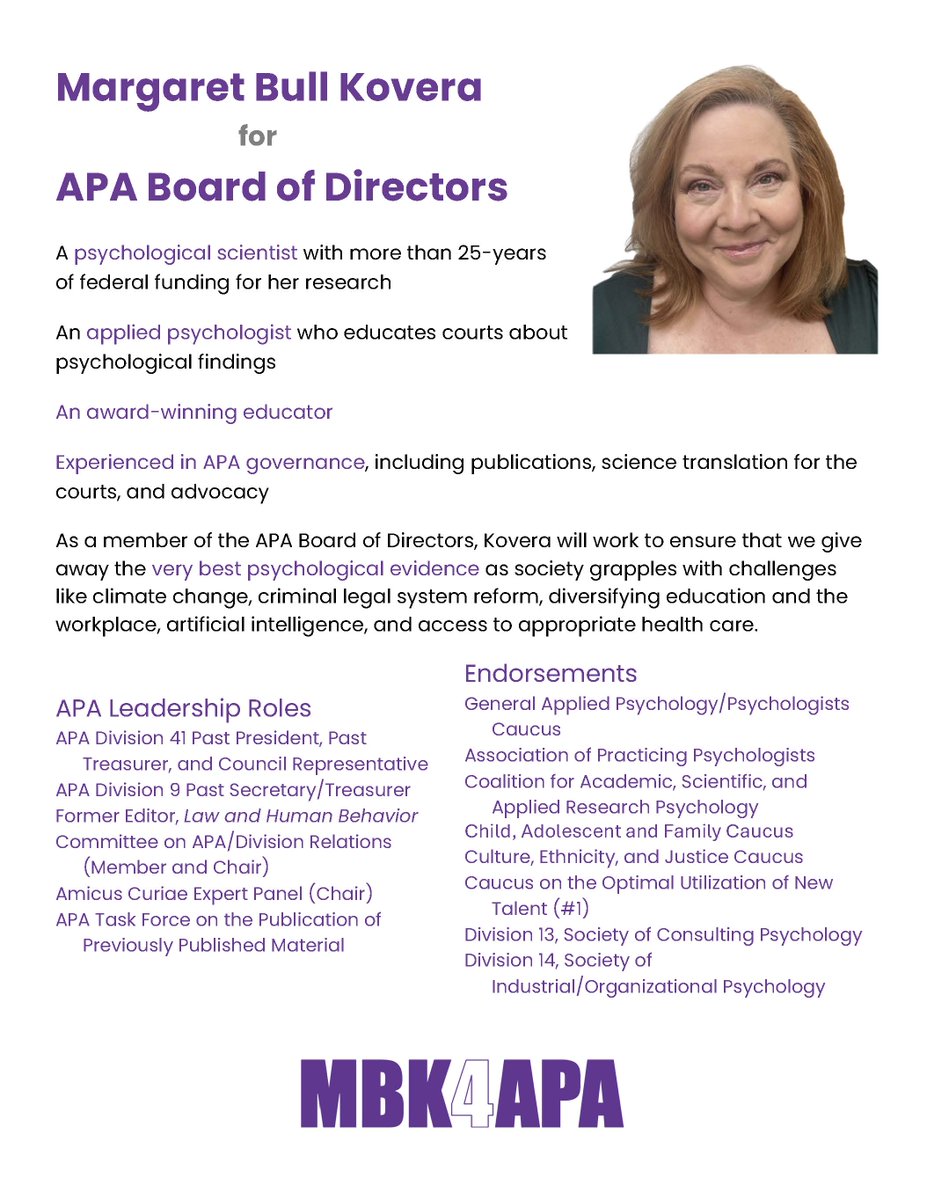 Margaret Bull Kovera (@margaretkovera) on Twitter photo We are in the final days of the APA Board of Directors' election. I am running on the Applied Psychological Science slate and am delighted to have been endorsed not only by <a href="/SCPDiv13/">SCP</a> but also APA Division 14 <a href="/SIOPtweets/">SIOP</a>! I would love to receive the #1 vote from all <a href="/APA/">American Psychological Association</a> members! We are in the final days of the APA Board of Directors' election. I am running on the Applied Psychological Science slate and am delighted to have been endorsed not only by <a href="/SCPDiv13/">SCP</a> but also APA Division 14 <a href="/SIOPtweets/">SIOP</a>! I would love to receive the #1 vote from all <a href="/APA/">American Psychological Association</a> members!