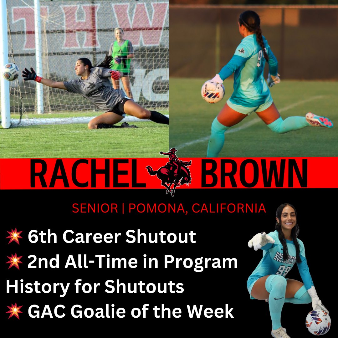 Shining the spotlight on one of our senior captains, Rachel Brown! 💥⚽️ With her 6th career shutout making her 2nd all-time in program history for shutouts 🙌 Let’s hear it for our GAC Goalie of the Week! 🖤❤️ #RRR