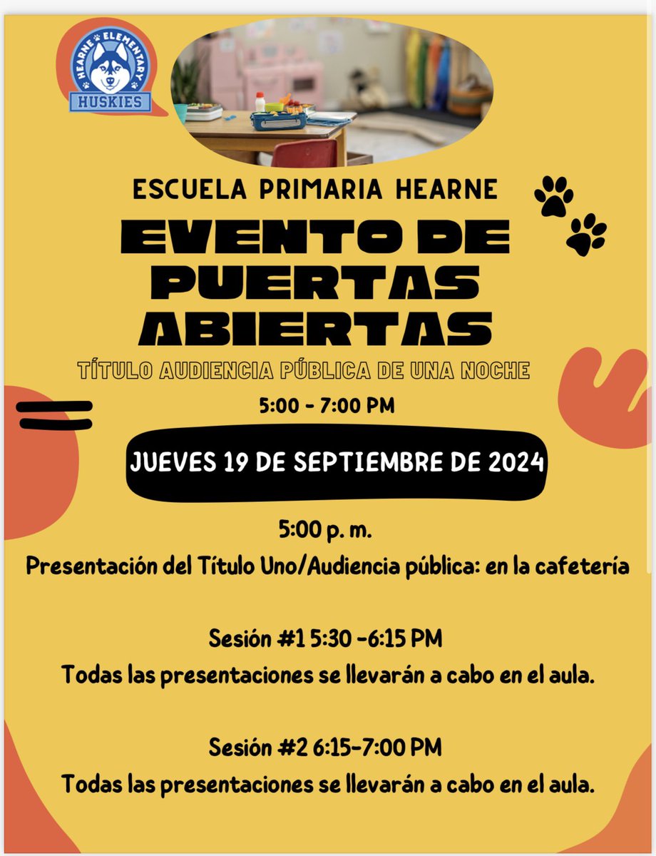 It’s here and we are excited to invite families in for Open House! Join us next Thursday September 19, 2024. Únase a nosotros el próximo jueves 19 de septiembre de 2024.<a href="/hearnehusky/">Hearne Elementary</a> 🐾