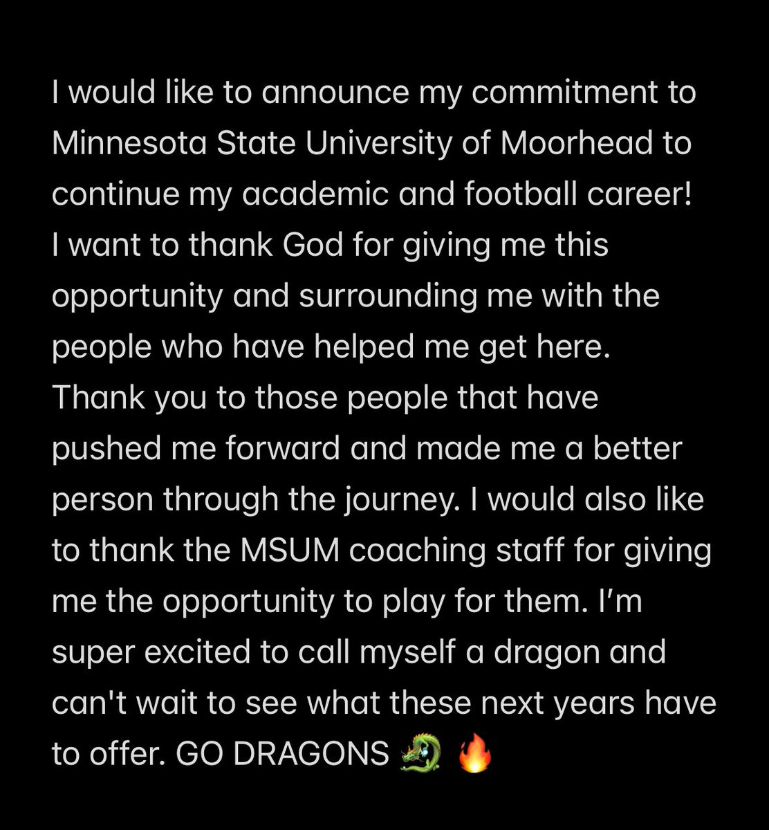 Jake Schaefer (@jake_schaefer13) on Twitter photo COMMITTED! 🐉🔥
<a href="/msum_football/">MSUM Dragon Football</a> <a href="/needhamchris_/">Chris Needham</a>
<a href="/CoachLaqua/">Steve Laqua</a> <a href="/CoachRoehrich/">Abraham Roehrich</a>
<a href="/CoachTMJames/">Taylor M. James</a> <a href="/coachjcurrier/">Jesse Currier</a>
#firedup #dragonway COMMITTED! 🐉🔥
<a href="/msum_football/">MSUM Dragon Football</a> <a href="/needhamchris_/">Chris Needham</a>
<a href="/CoachLaqua/">Steve Laqua</a> <a href="/CoachRoehrich/">Abraham Roehrich</a>
<a href="/CoachTMJames/">Taylor M. James</a> <a href="/coachjcurrier/">Jesse Currier</a>
#firedup #dragonway