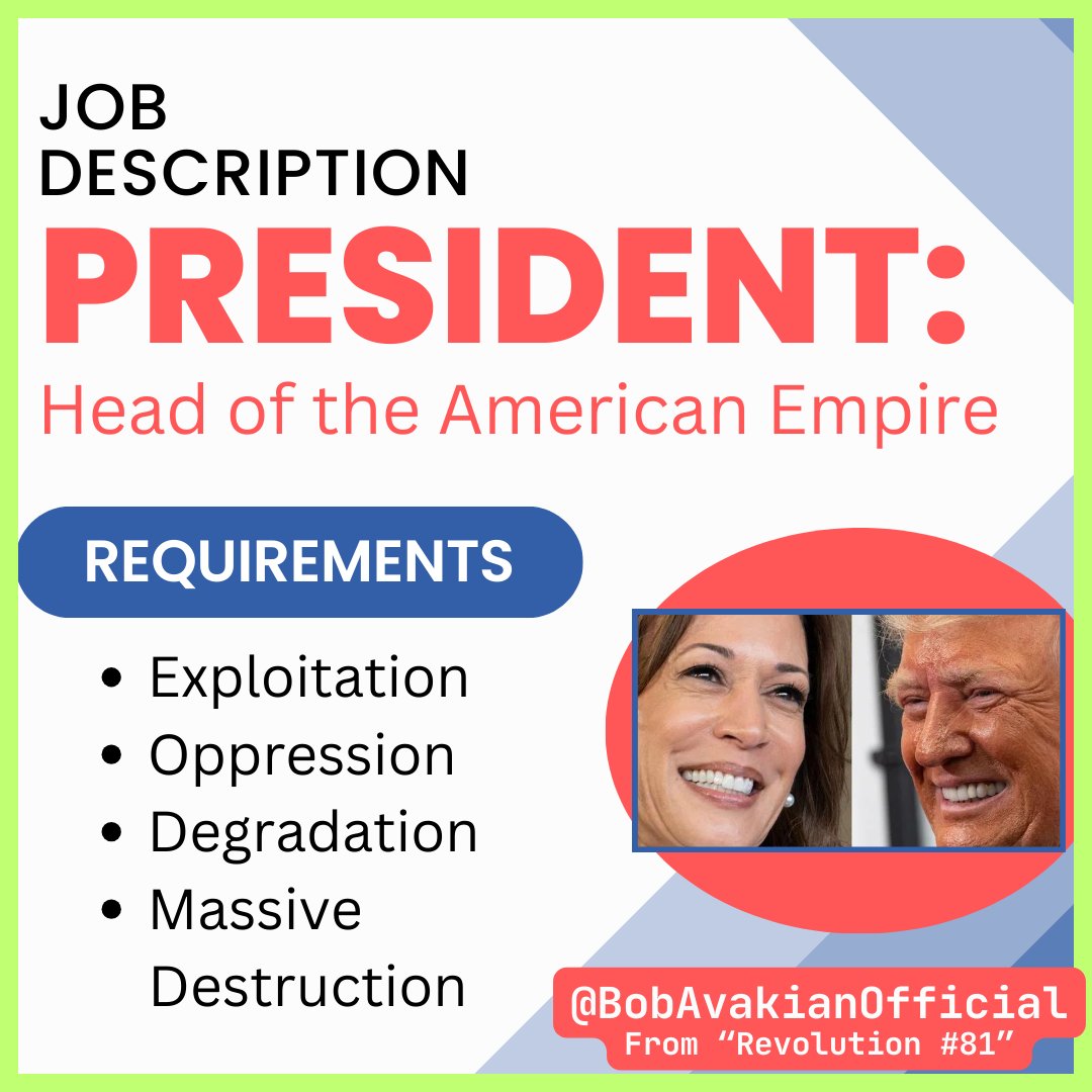 therevcoms's tweet photo. #Debates2024: Now is not a time to be siding with one oppressor or another. Fascist Trump or War Crimes Kamala? NO! BOTH want to be head of this American Empire!
Follow @BobAvakian, NOT running for President but leading an emancipating Revolution to END this capitalist system! https://t.co/q69Yw0PXau