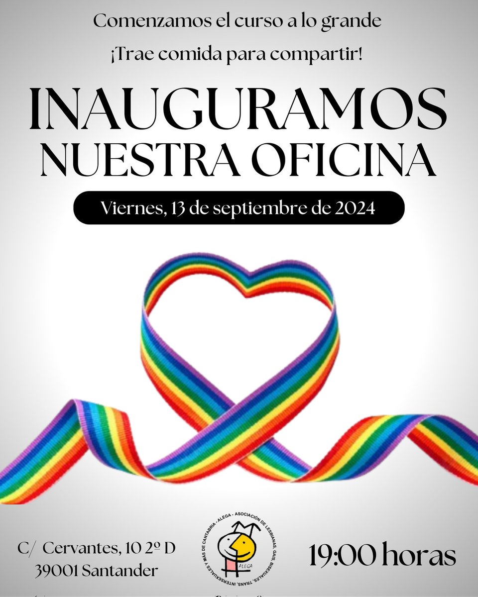 AlegaCantabria's tweet photo. 🥳 ¡Empezamos el curso a lo grande! ¡Inauguramos nuestra oficina!
😊 Comenzamos un nuevo curso y os queremos enseñar nuestra oficina, en la que comenzaremos a realizar varias de las actividades que tendrán lugar durante los próximos meses.
#alega #lgtbi #lgtbiaq #cantabria https://t.co/kJIYi5lVCD
