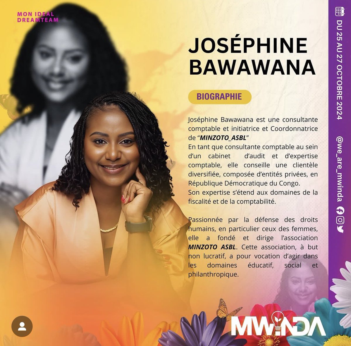 Josh_Bawawana's tweet photo. Je suis ravie de vous informer que je participerai en tant qu'intervenante aux prochaines rencontres de #Mwinda qui se tiendront en octobre. Pour plus de détails, n'hésitez pas à consulter les pages de we_are_mwinda. https://t.co/ymlSAu2JoC