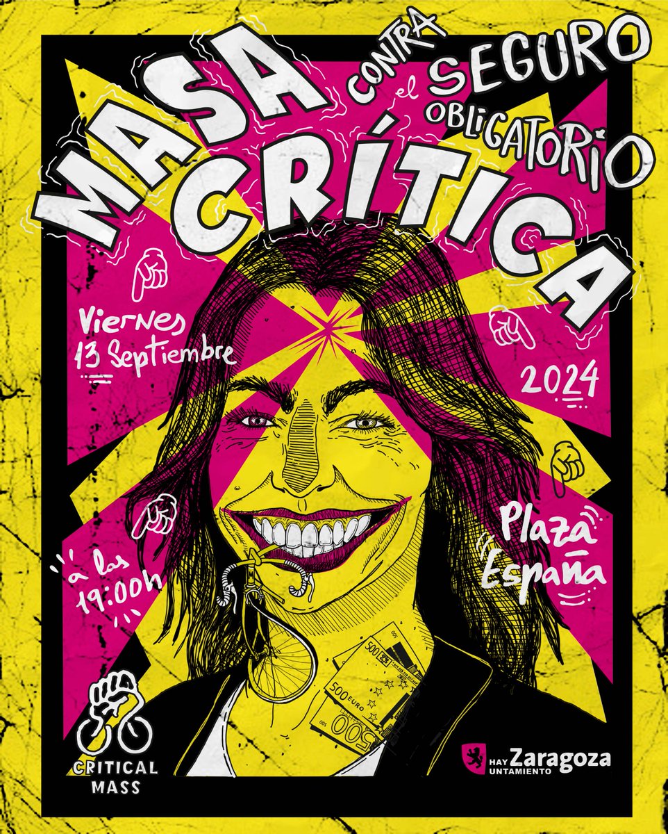 <a href="/zaragoza_es/">AyuntamientoZaragoza</a> Para fomentar la movilidad sostenible, estaría bien dejar de atacar a los ciclistas con la nueva ordenanza antibici. 

Lo gritaremos este viernes en la masa crítica contra el seguro obligatorio