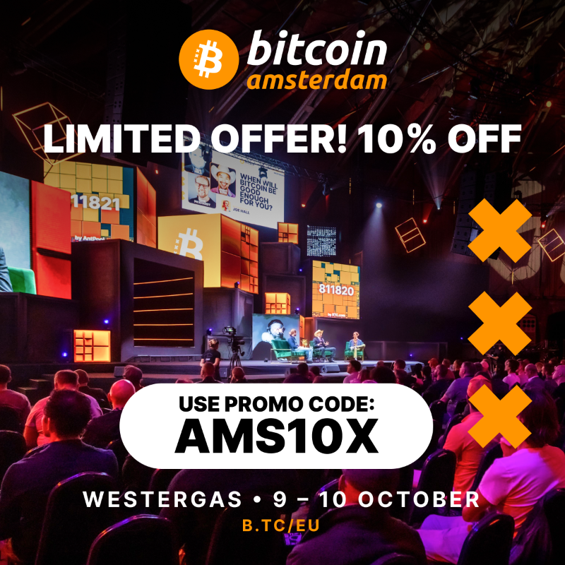 TheBitcoinConf's tweet photo. Experience #Bitcoin Amsterdam, October 9-10! Connect with builders &amp; industry experts. Tickets on sale! 🇳🇱 Get 10% off 🚨 with code: AMS10X