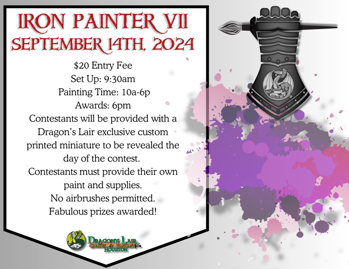 DLairHouston's tweet photo. If you love Miniatures and you like to paint, join us this Saturday! 
#miniature #painter #dragonslairhoustonnorth #wegetyou #comicsgamescommunity https://t.co/KKBYx2Whff