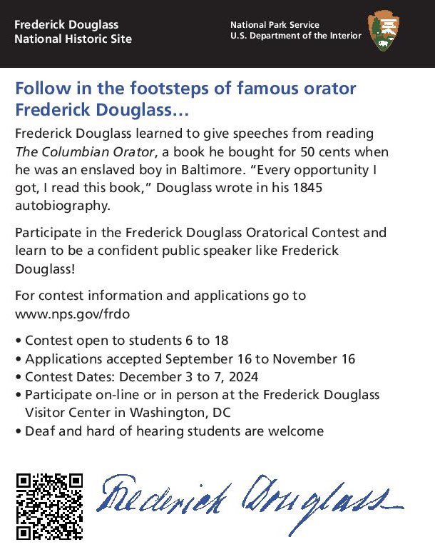 🌟 It's that time of year again! 🌟 

Announcing the 2024 Frederick Douglass Oratorical Contest!!! Be like Frederick Douglass, become an orator and recite one of his famous speeches!