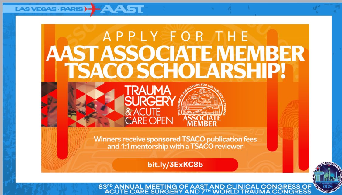 Elliott R Haut, MD, PhD (@elliotthaut) on Twitter photo Slide presented by Ryan Dumas on behalf of <a href="/traumadoctorsam/">AAST Associate Members</a> Associate Member Council about the <a href="/TSACO_AAST/">Trauma Surgery & Acute Care Open (TSACO)</a> scholarship.
Monthly winner gets free publication in #TSACO #OpenAccess #FOAMed #AAST2024 Slide presented by Ryan Dumas on behalf of <a href="/traumadoctorsam/">AAST Associate Members</a> Associate Member Council about the <a href="/TSACO_AAST/">Trauma Surgery & Acute Care Open (TSACO)</a> scholarship.
Monthly winner gets free publication in #TSACO #OpenAccess #FOAMed #AAST2024