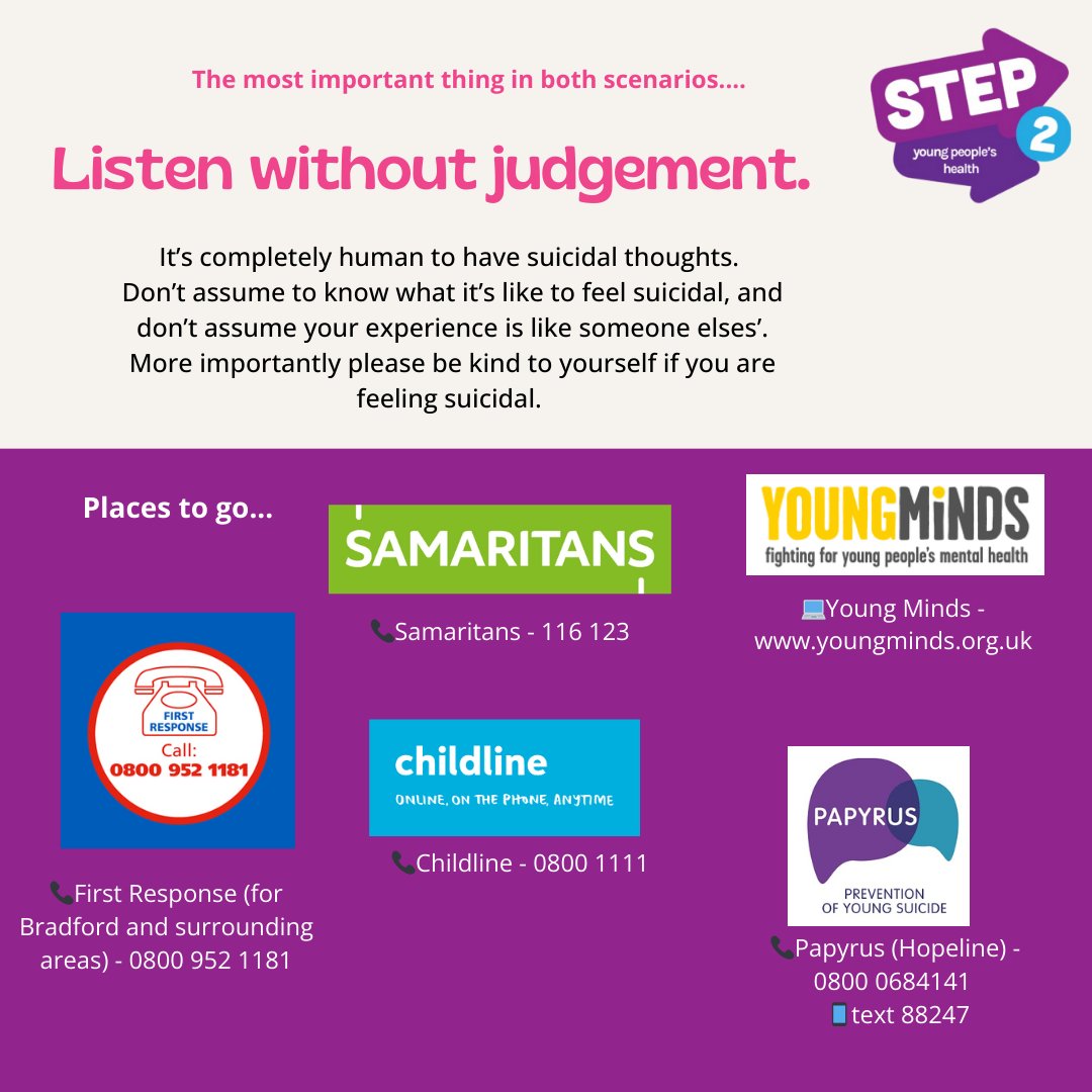 It's world suicide prevention day and we're sharing some pointers on how to have conversations about suicide...

If you or someone you know needs support we've tagged some places for you to go below..

#step2yph #bradfordmentalhealth #worldsuicideawarenessday
