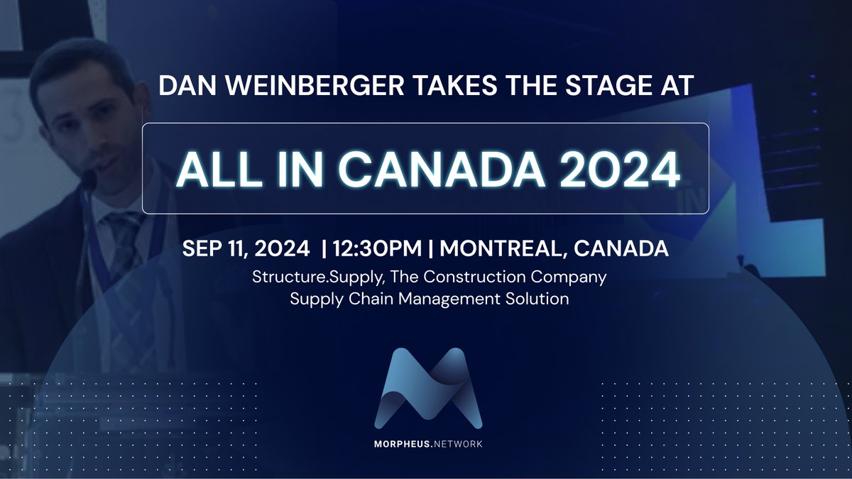 MNWSupplyChain's tweet photo. Morpheus very own @DanMorpheusCEO takes the stage at @allincanada

About Dan Weinberger
CEO & Co-Founder of https://t.co/QR6XHRobg3
UN Supply Chain Expert & Masterclass Instructor

When - Sept 11
Time - 12:30pm
Topic - Optimizing the Construction Industry's Supply Chain Management Through Advanced Technologies like AI and Blockchain